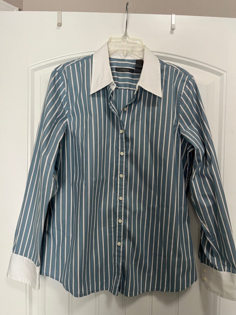 Liz Claiborne Teal and White Vertical Stripe Dress Shirt